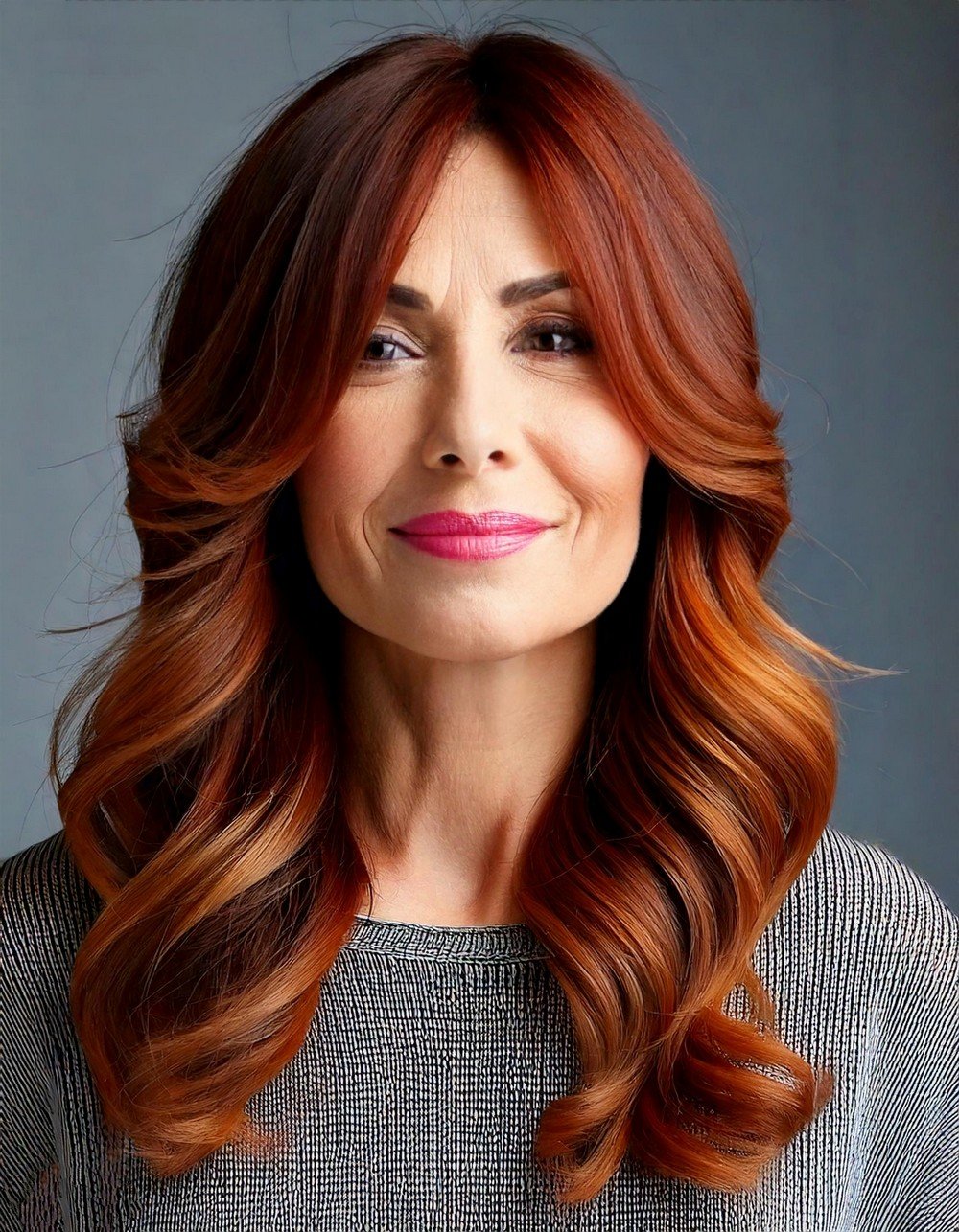 Chestnut Lob with Curtain Bangs