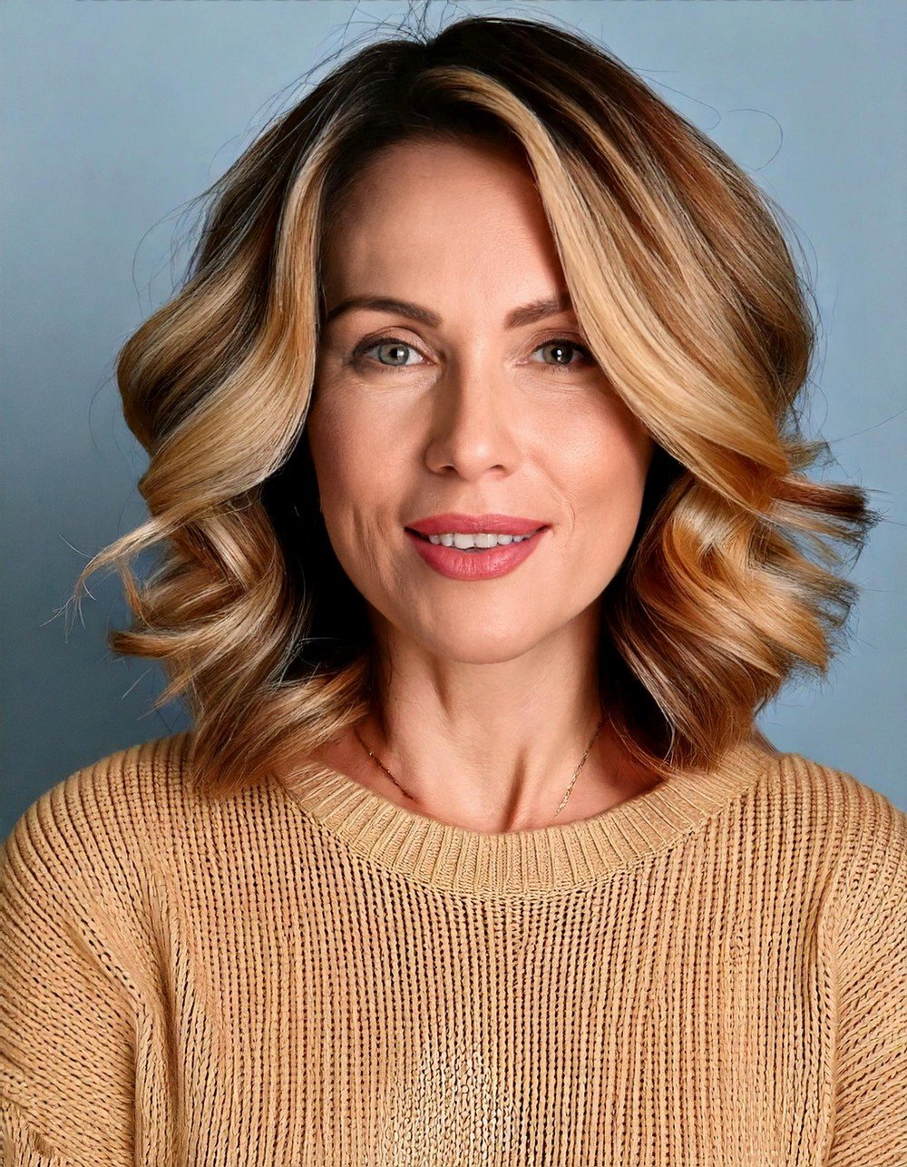 Classic Shoulder-Length Cut with Soft Curls and Honey Highlights