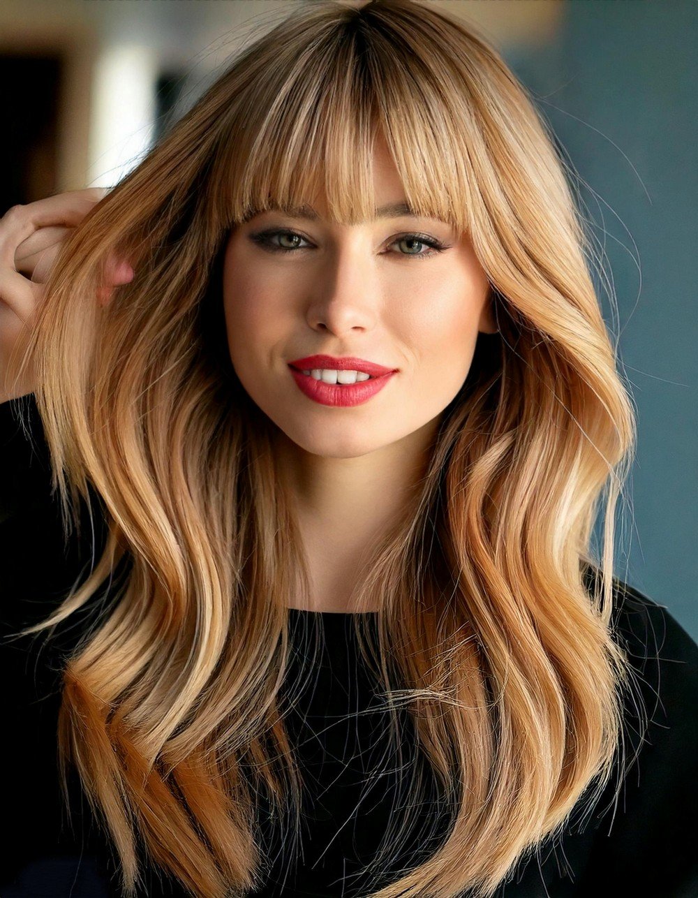 Honey Blonde Shag with Bardot Bangs