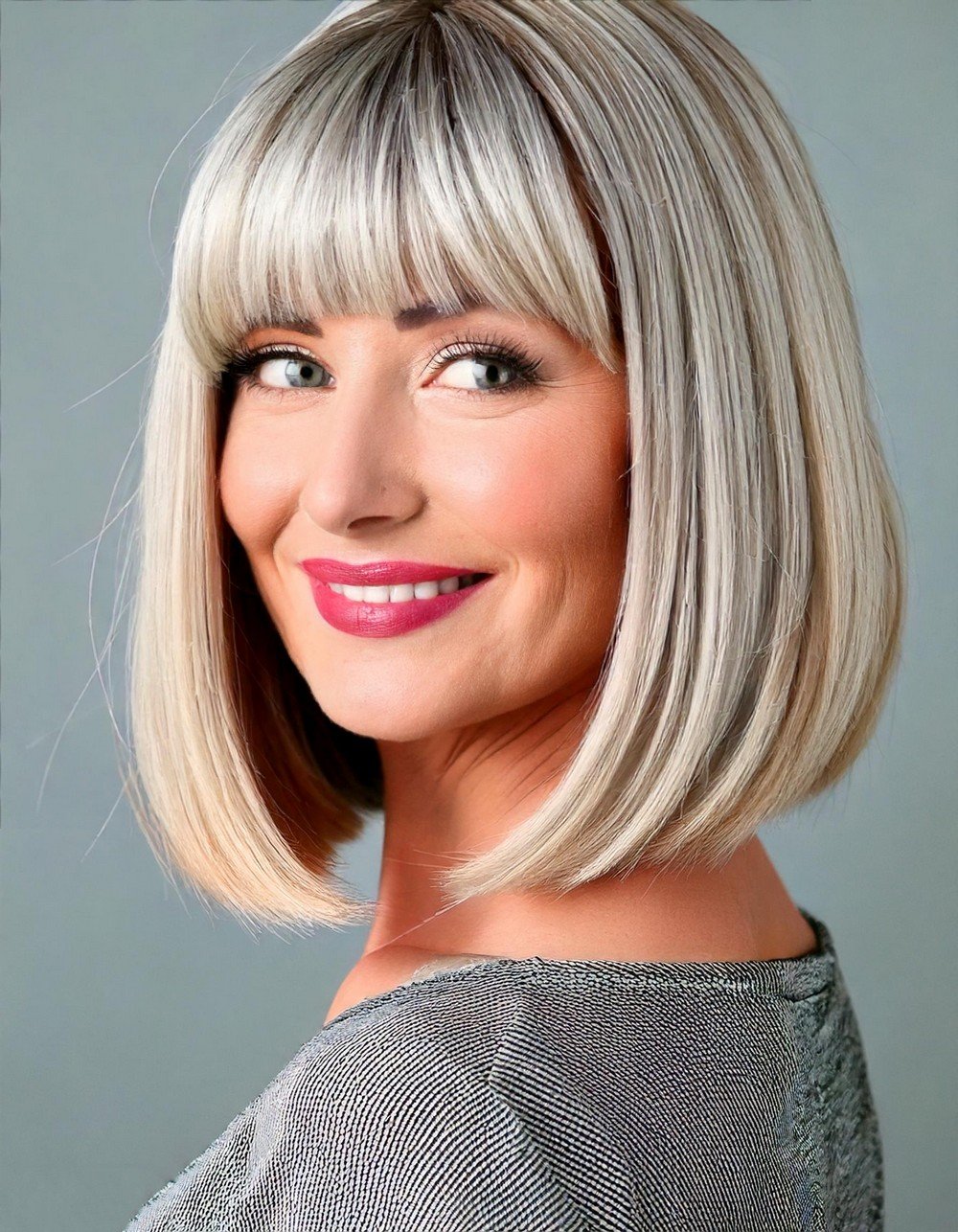 Platinum Mid-Length Bob with Blunt Bangs