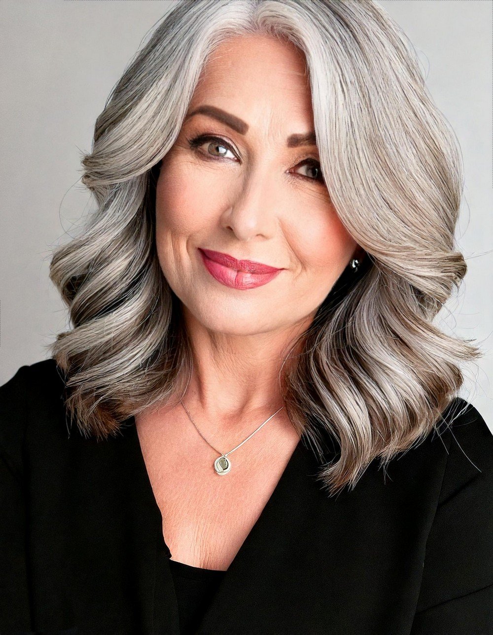 Silver Layered Waves with Side-Swept Bangs