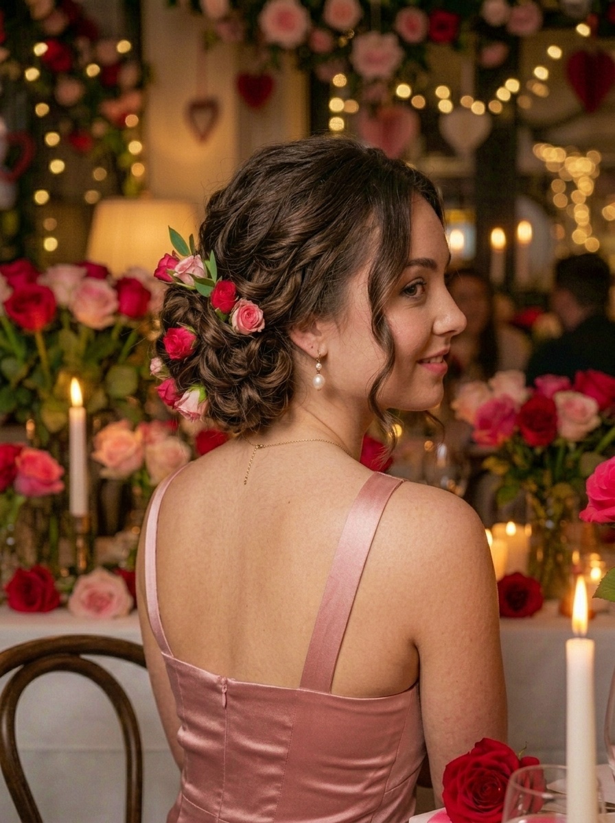 Beautiful Valentine's Day Romantic Curled Low Bun