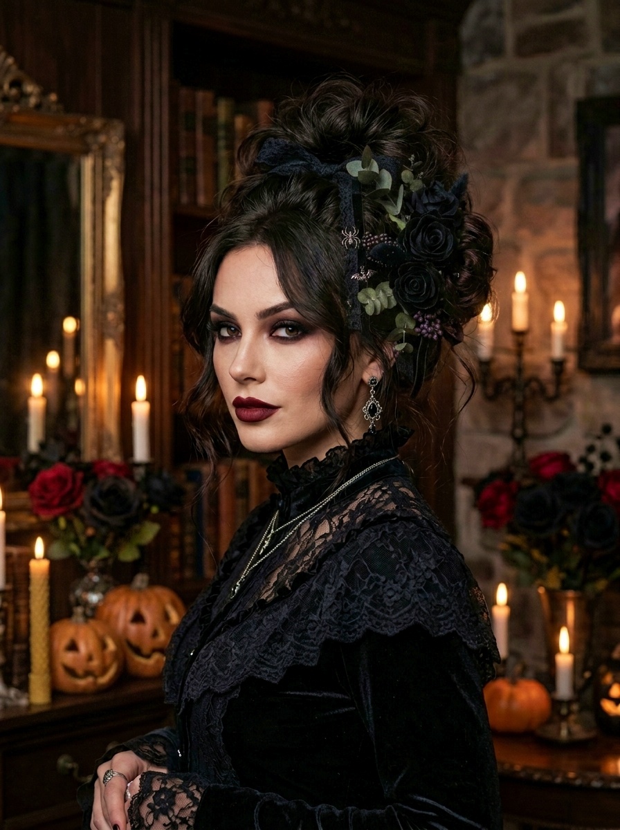 Halloween Gothic Messy Bun Hairstyle with Dark Roses