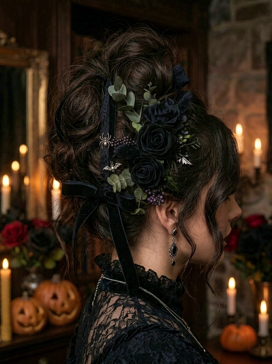 Halloween Gothic Messy Bun Hairstyle with Velvet Ribbon