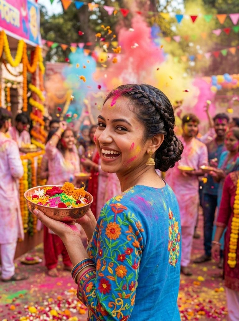 Holi Festival Braided Protective Bun Hairstyle for Long Hair