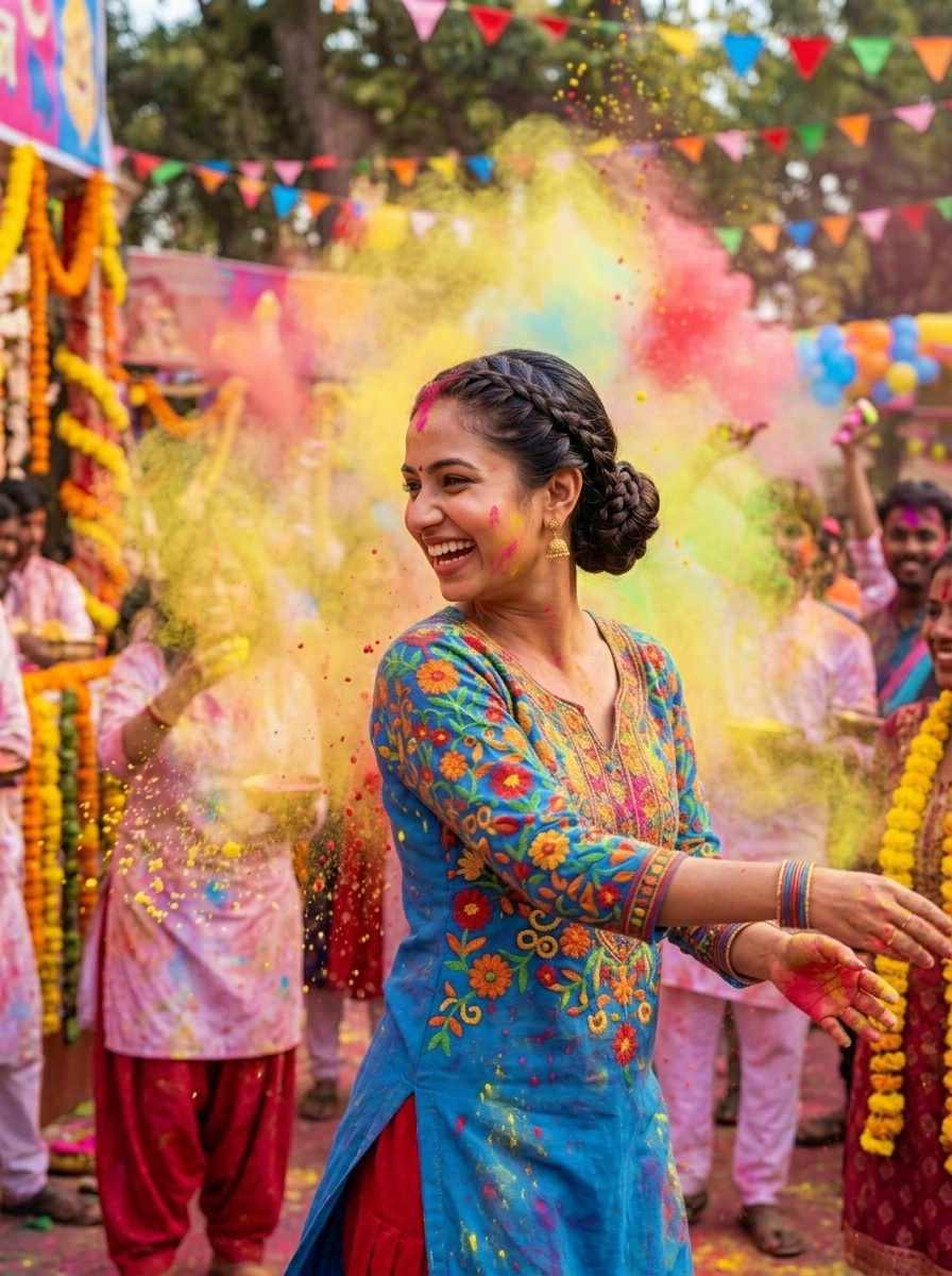 Holi Festival Braided Protective Bun Hairstyle for Medium Hair
