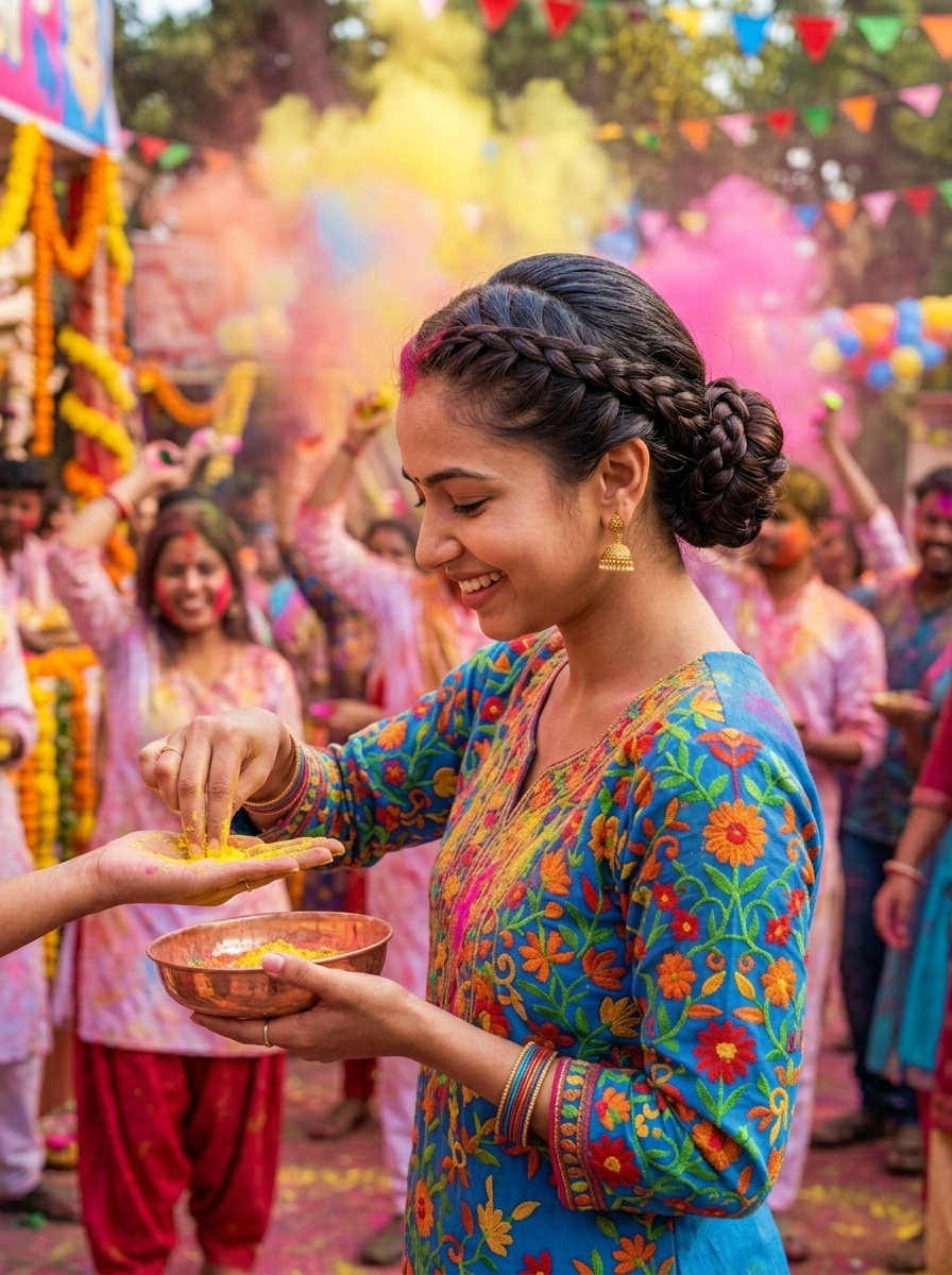 Holi Festival Braided Protective Bun Hairstyle for Outdoor Celebrations