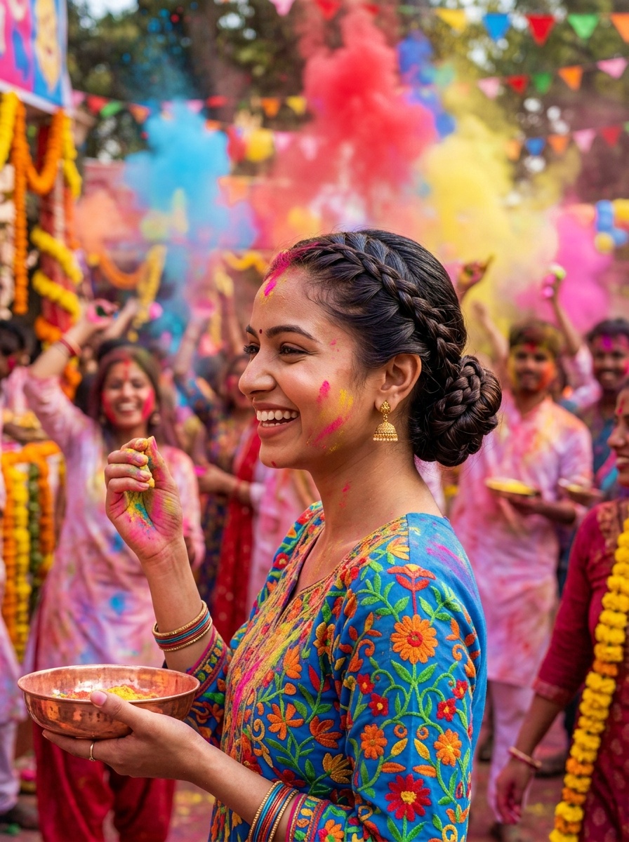 Holi Festival Braided Protective Bun Hairstyle with Classic Braids
