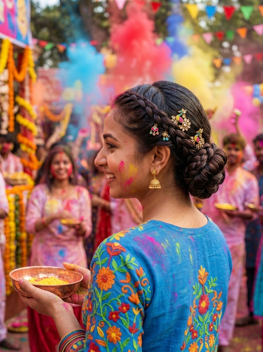 Holi Festival Braided Protective Bun Hairstyle with Decorative Hair Pins