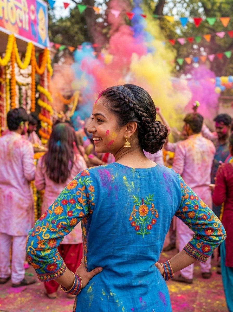 Holi Festival Braided Protective Bun Hairstyle with Elegant Finish