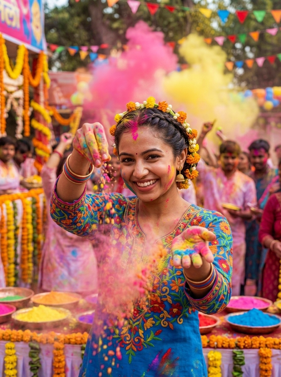 Holi Festival Braided Protective Bun Hairstyle with Floral Accessories