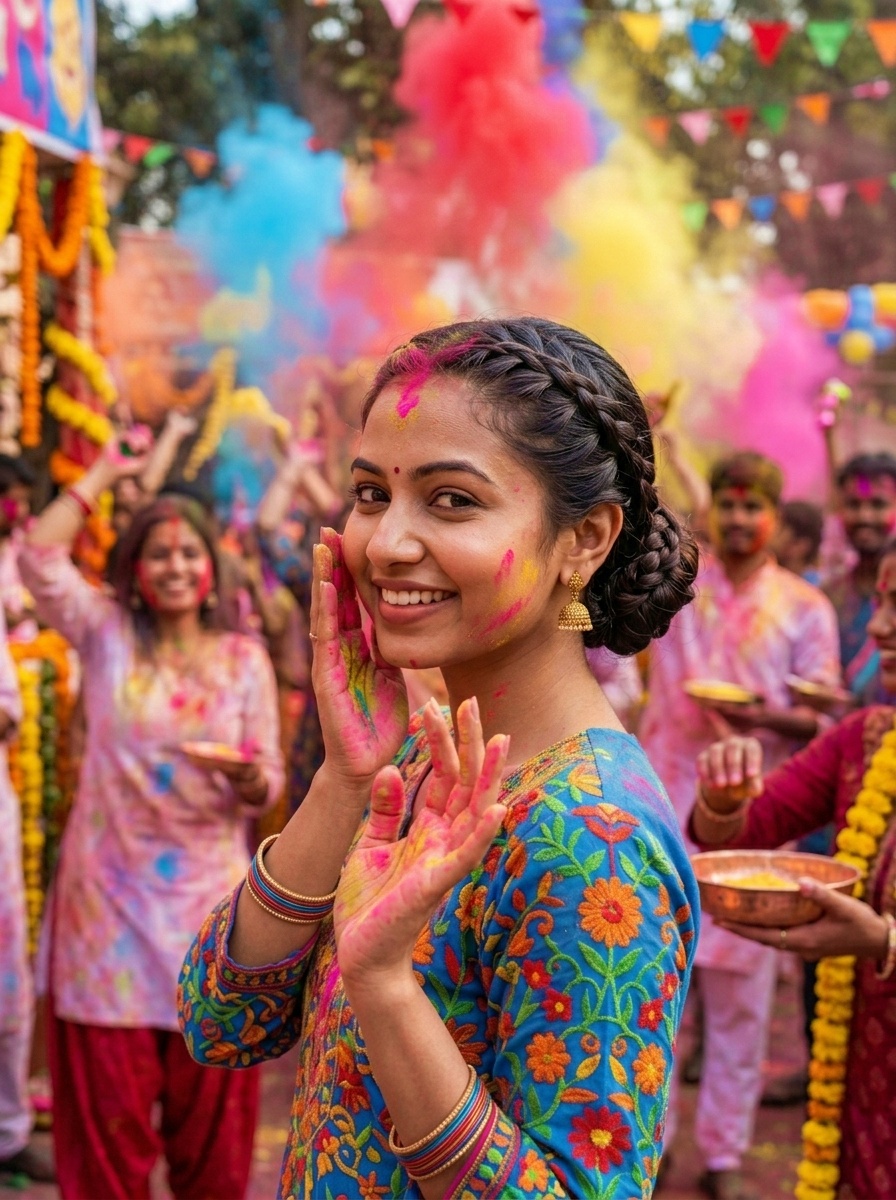 Holi Festival Braided Protective Bun Hairstyle with Soft Face-Framing Strands