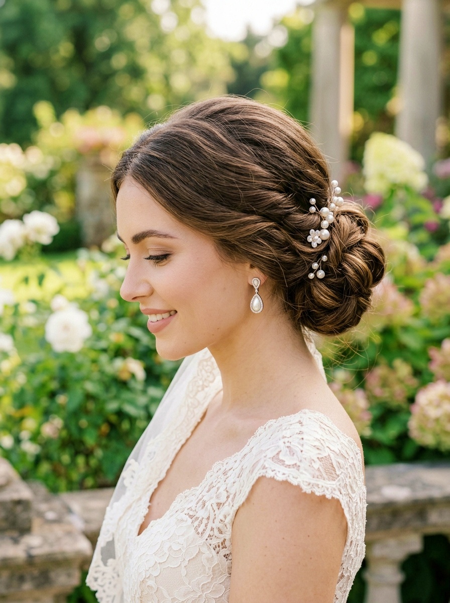 Luxury Bridal Bun with Pearl Hair Accessories for Long Hair