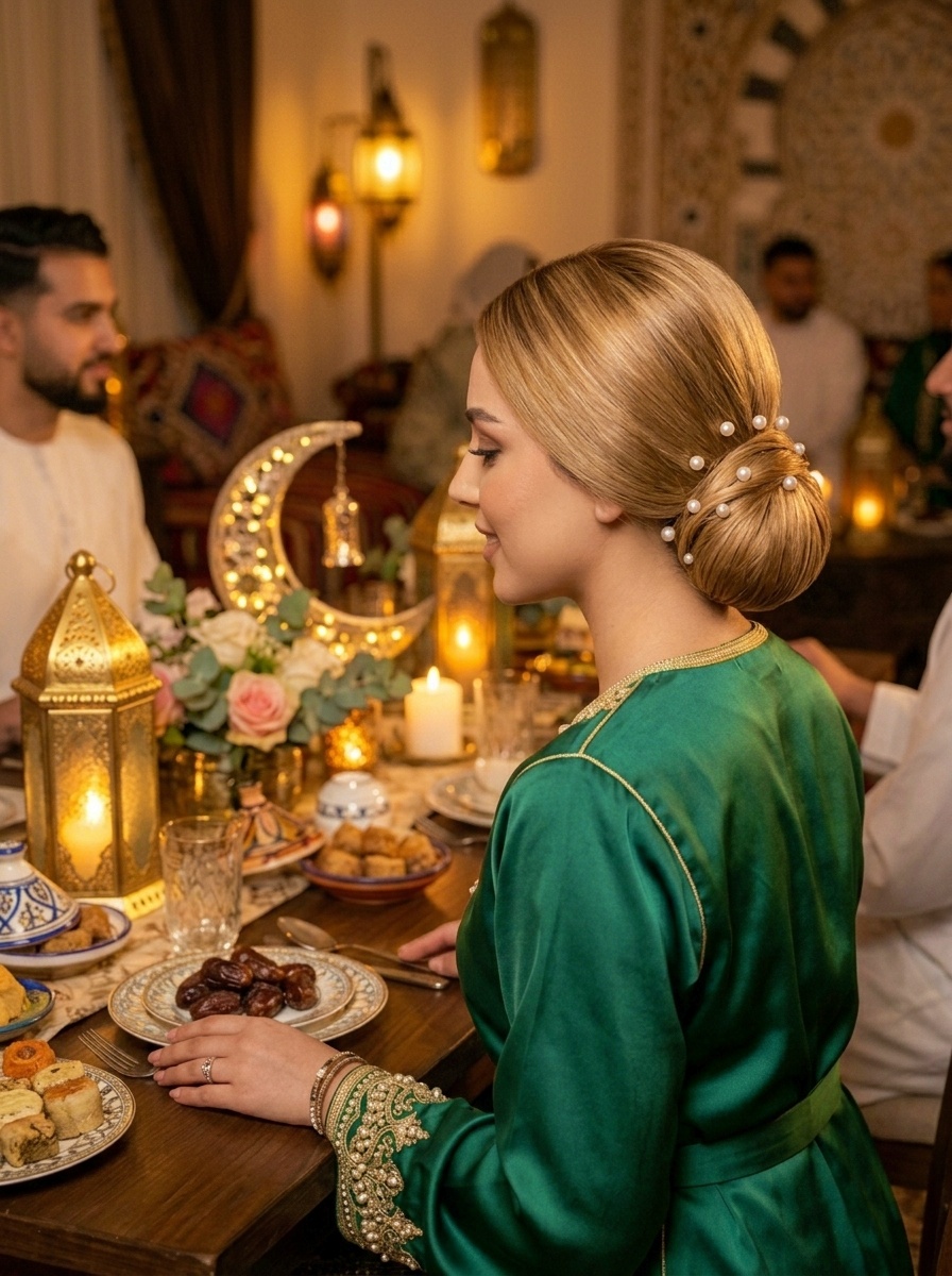 Ramadan Evening Dinner Sleek Bun Hairstyle for Blonde Hair