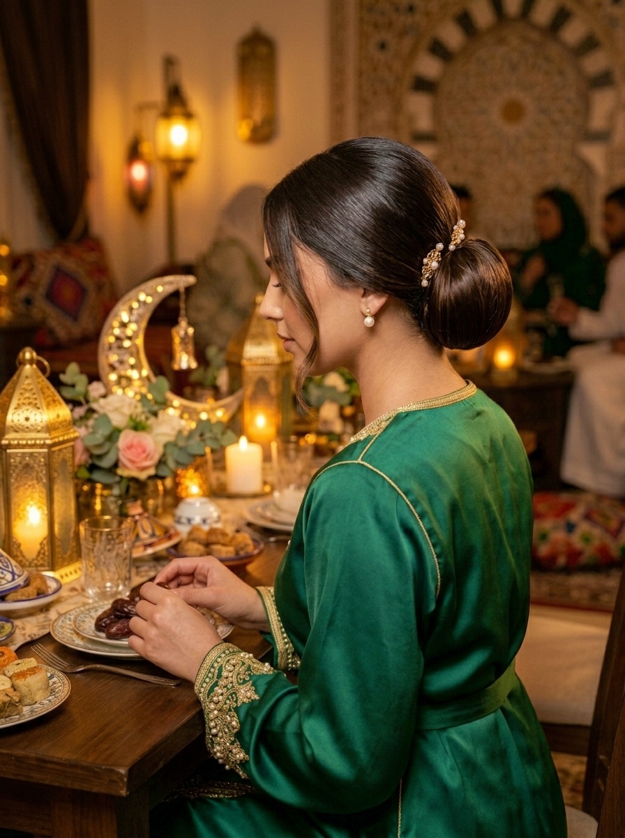 Ramadan Evening Dinner Sleek Bun Hairstyle for Long Hair