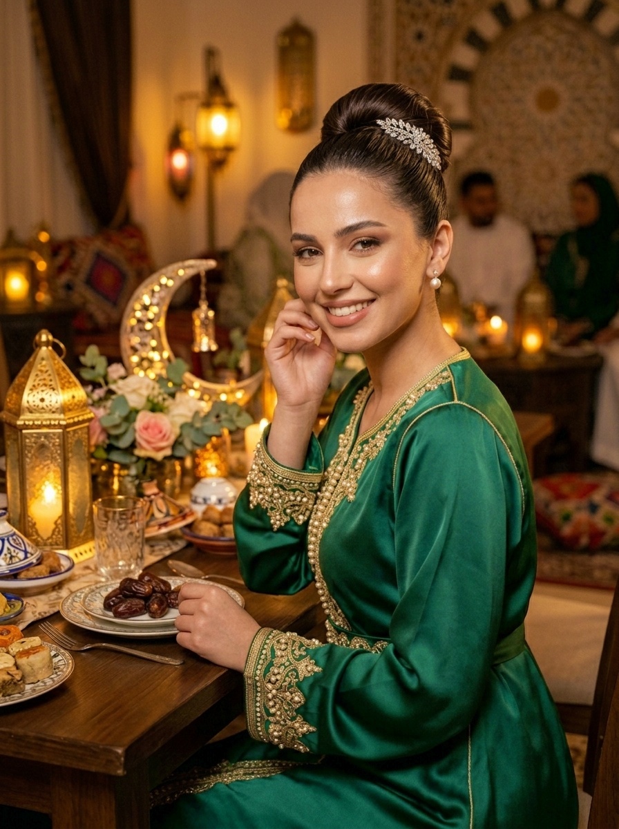 Ramadan Evening Dinner Sleek Bun Hairstyle with Crystal Hair Comb
