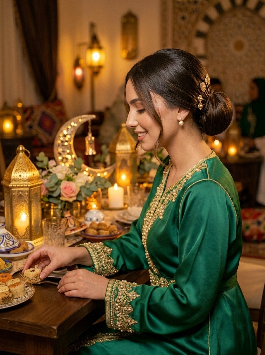 Ramadan Evening Dinner Sleek Bun Hairstyle with Gold Hair Accessories