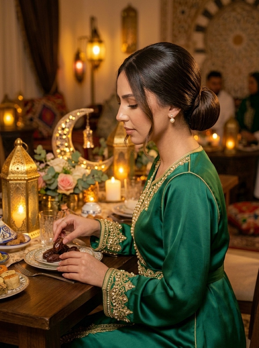 Ramadan Evening Dinner Sleek Bun Hairstyle with Minimalist Style