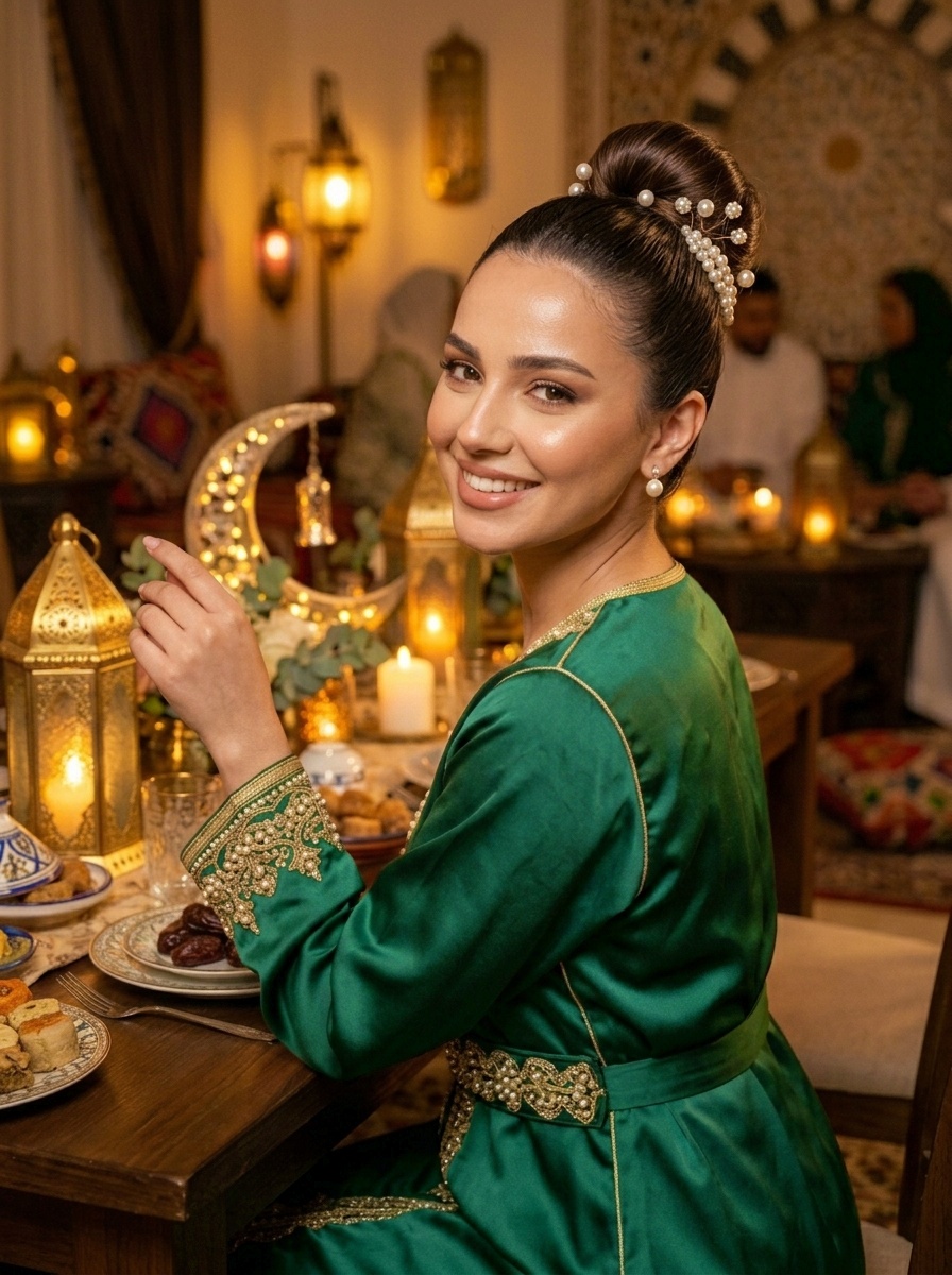 Ramadan Evening Dinner Sleek Bun Hairstyle with Pearl Hair Pins