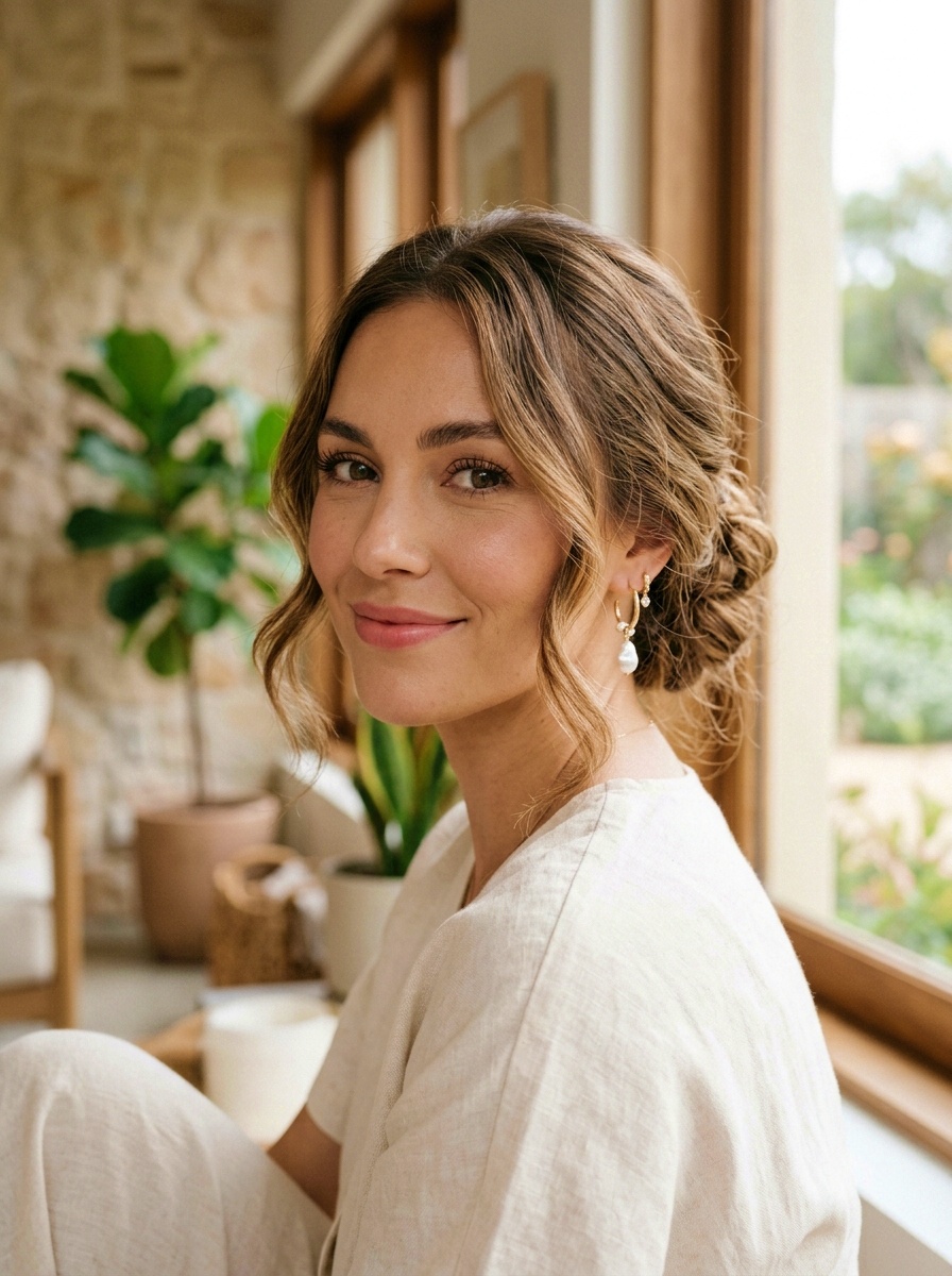 Romantic Loose Bun with Face Framing Curls for Medium Hair