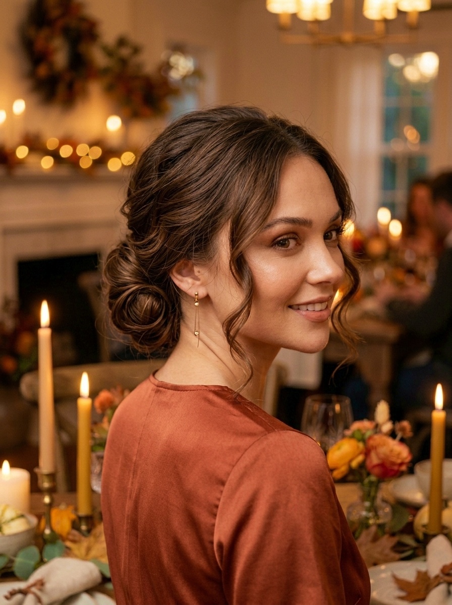 Thanksgiving Elegant Dinner Bun Hairstyle with Face-Framing Curls