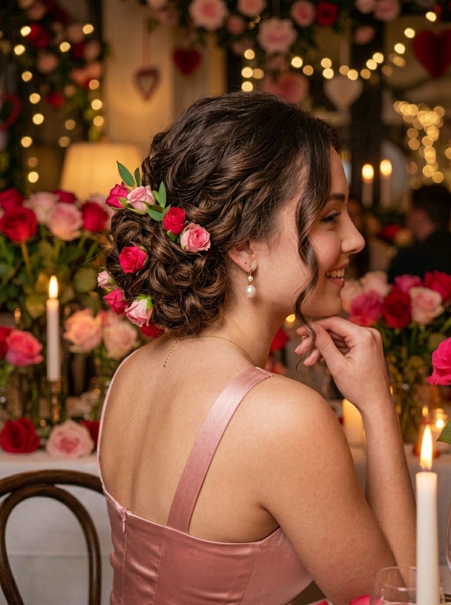 Valentine's Day Romantic Curled Low Bun with Fresh Roses