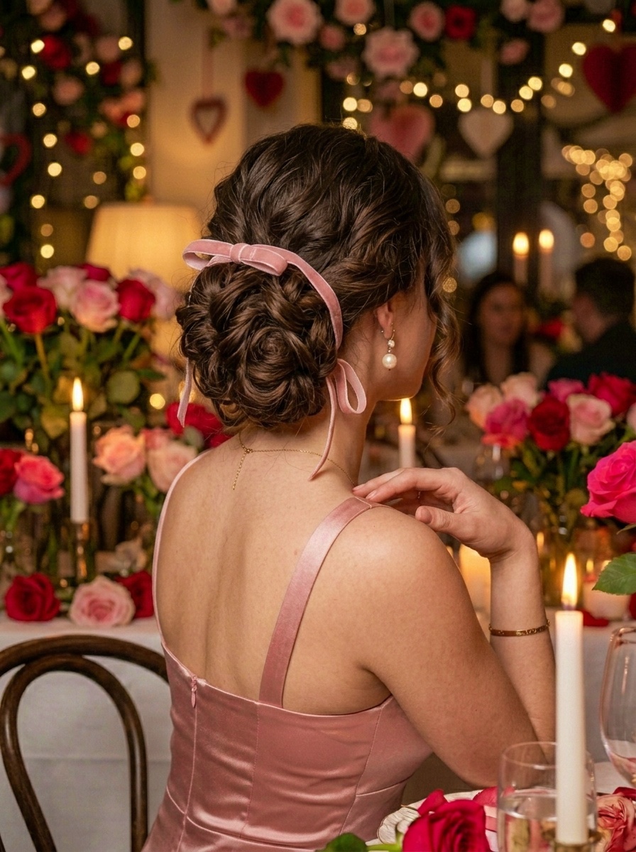 Valentine's Day Romantic Curled Low Bun with Ribbon
