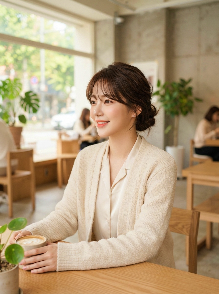 Airy Korean Inspired Low Bun Hairstyle with Soft Wispy Bangs