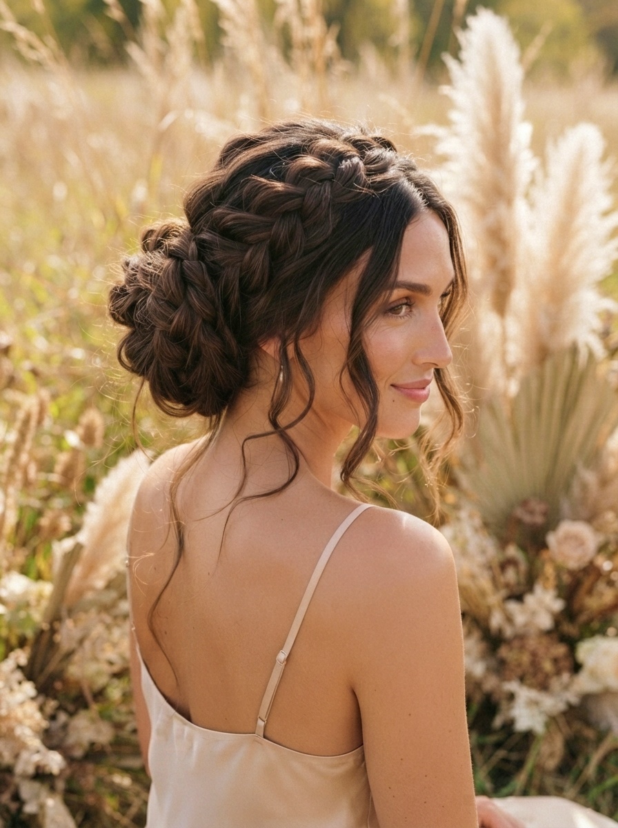 Boho Braided Bun Hairstyle for Long Thick Hair