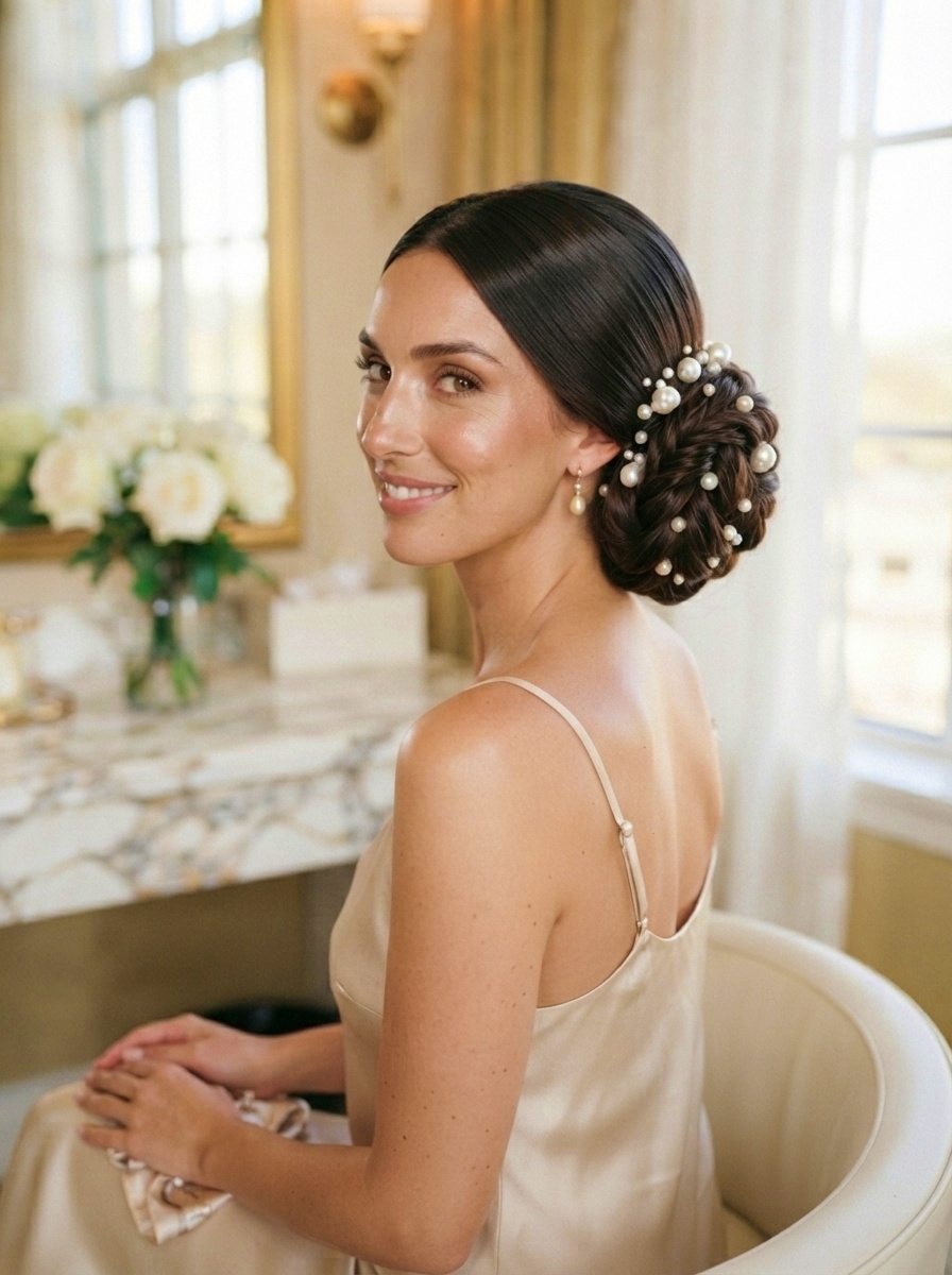 Braided Bun with Pearl Accessories for Long Thick Hair
