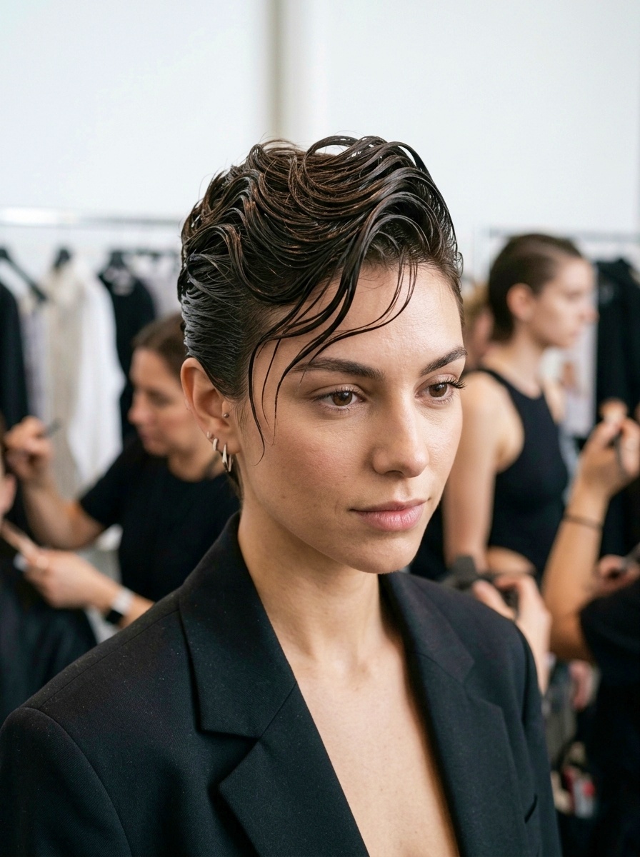Sculptural Wet-Look Hairstyle