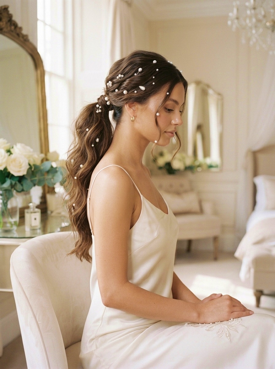 Low Ponytail for Long Hair with Pearls