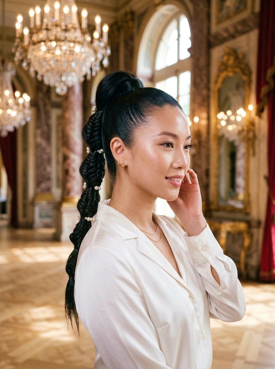 Bubble Ponytail Hairstyle Tutorial with Pearl Accessories