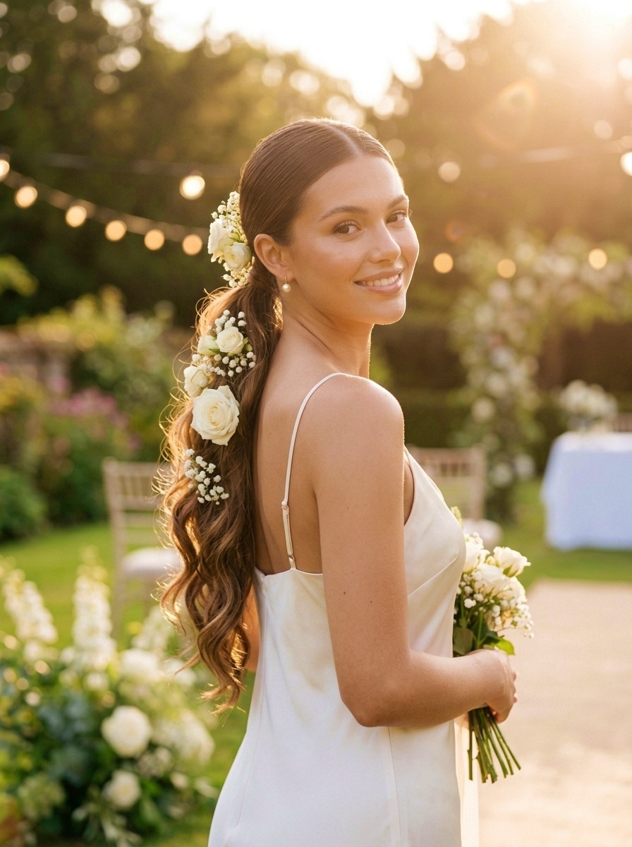 Floral Low Ponytail for Long Hair