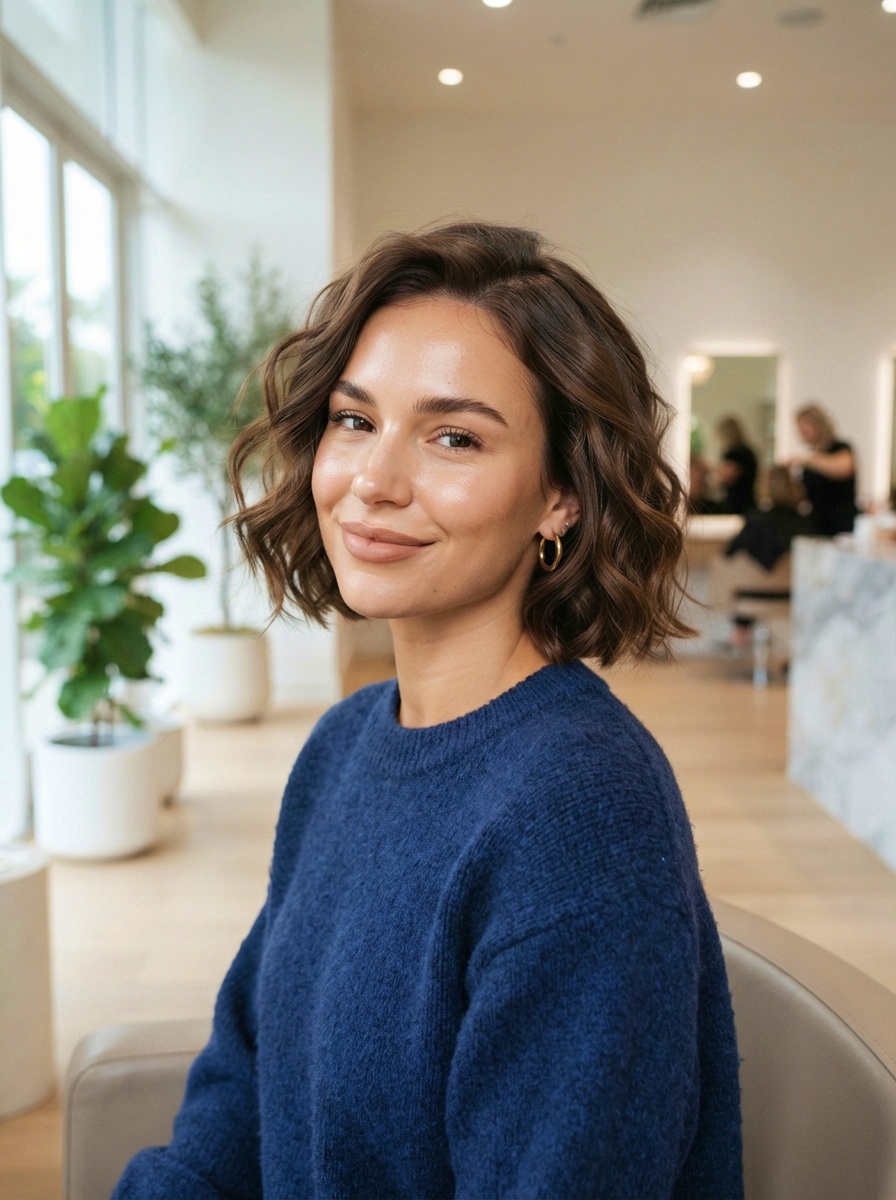 Chin-Length Short Hairstyle with Soft Curls