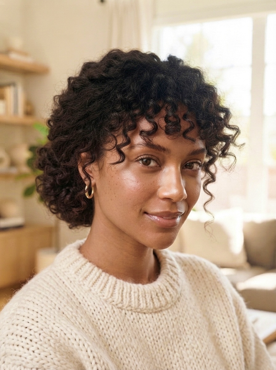 Messy Bun with Curly Bangs