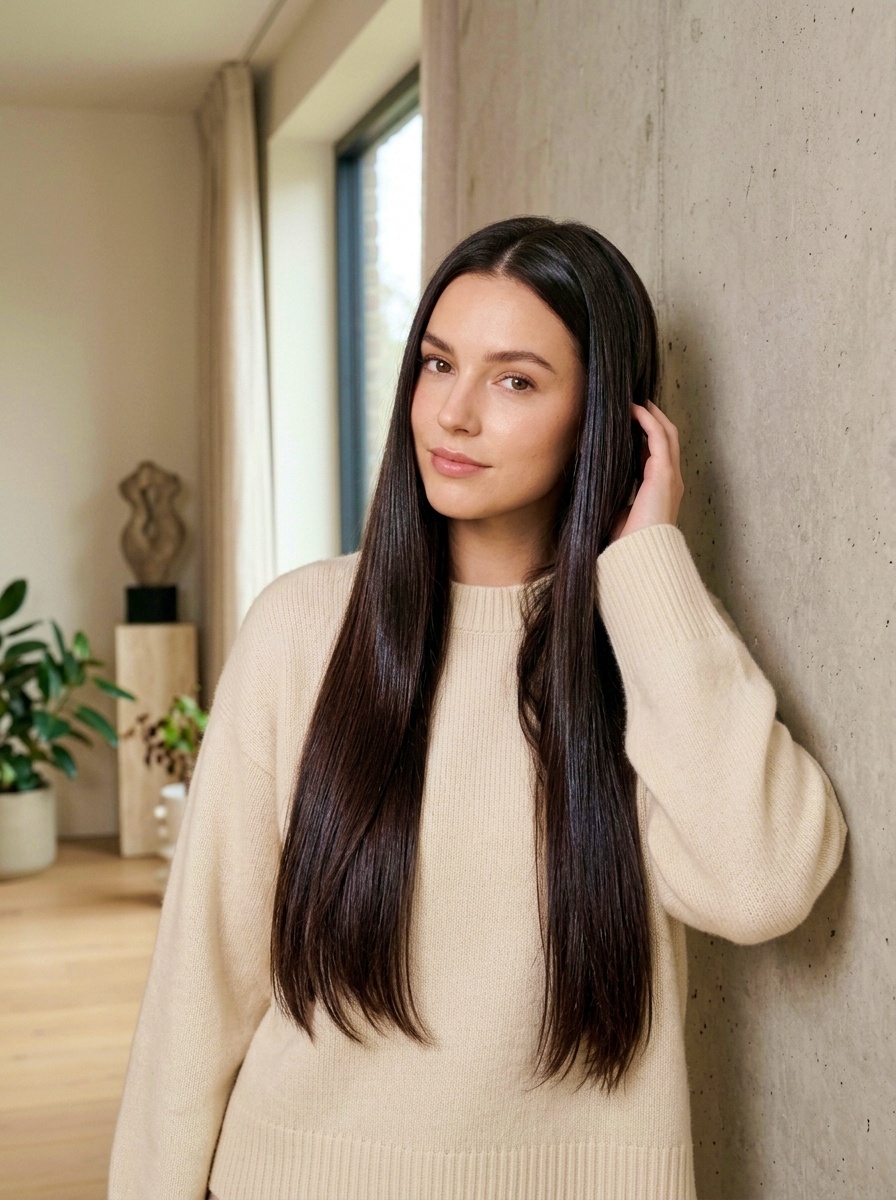 Middle-Part Glossy Hairstyle