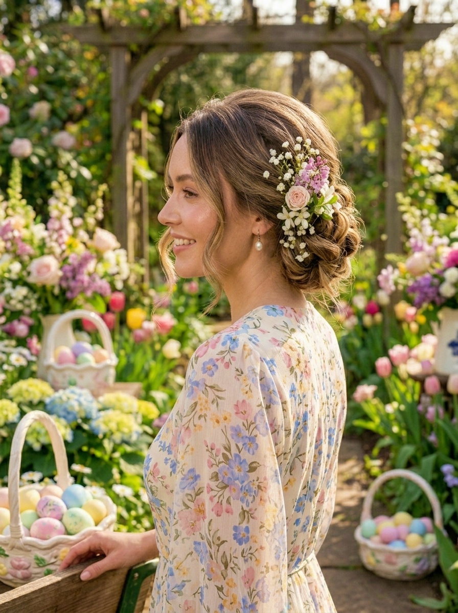 Easter Soft Romantic Bun Hairstyle with Elegant Finish