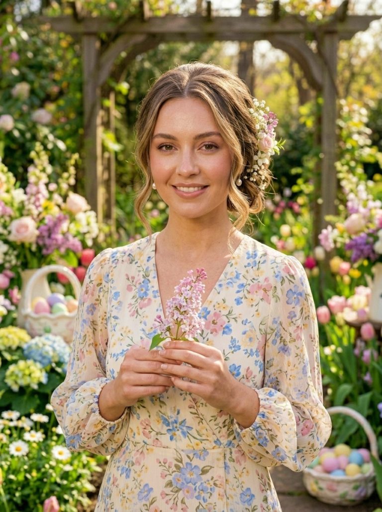 Easter Soft Romantic Bun Hairstyle with Face-Framing Curls