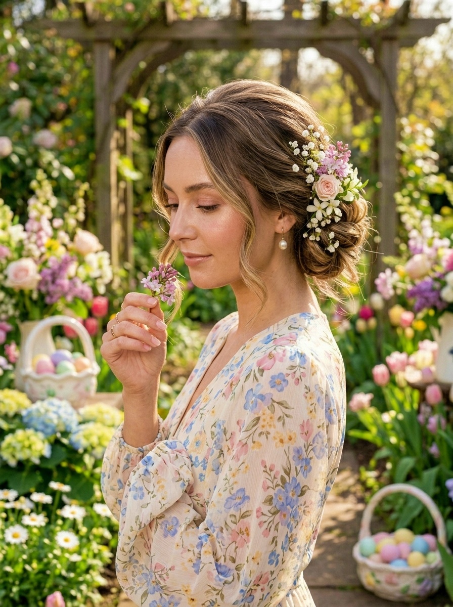 Easter Soft Romantic Bun Hairstyle with Pearl Hair Pins