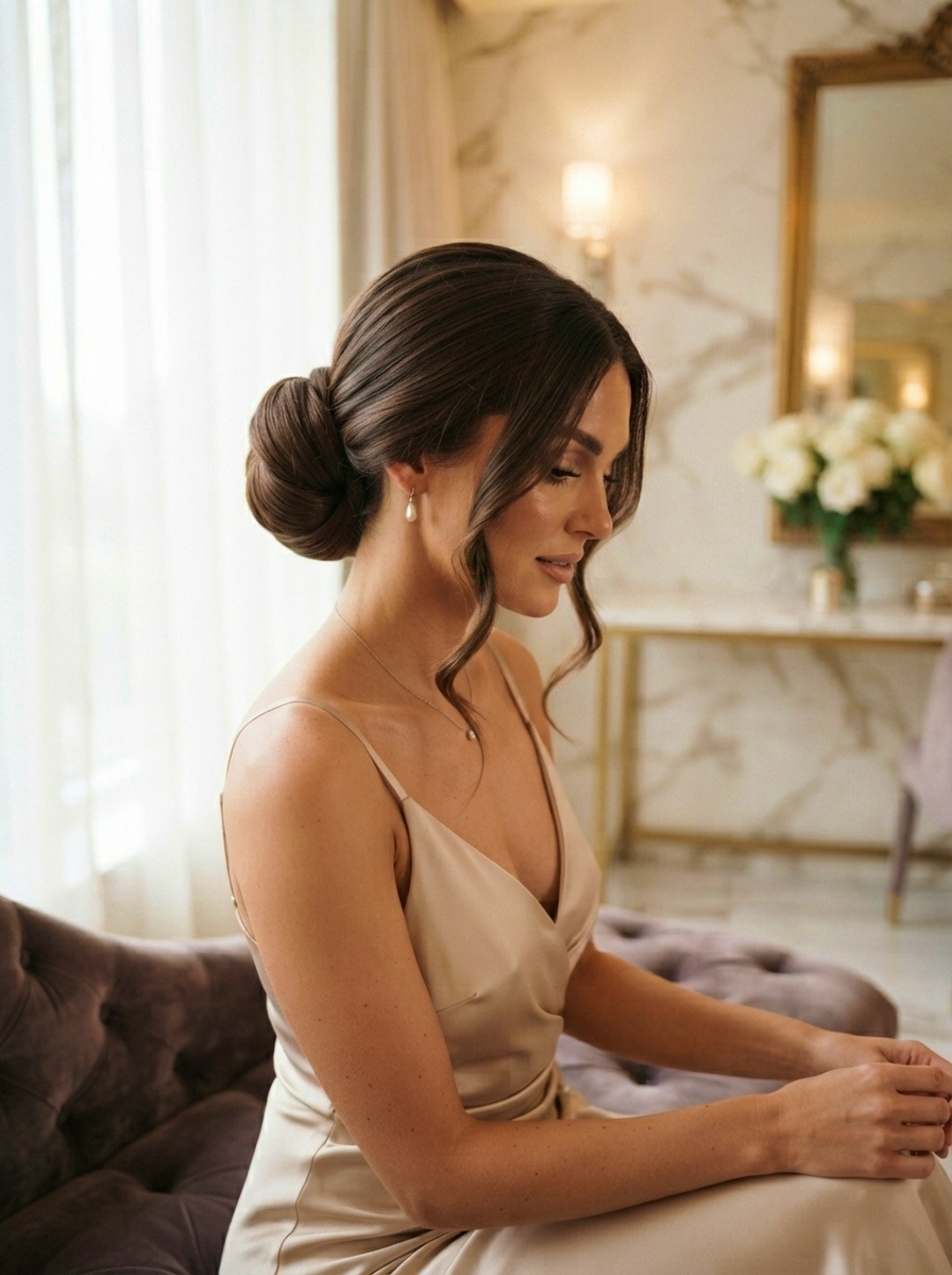 Elegant Low Bun for Waist Length Hair with Loose Face-Framing Strands