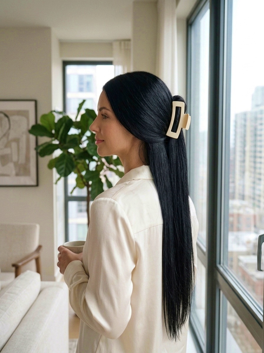 Straight Long Hair with Claw Clip Style