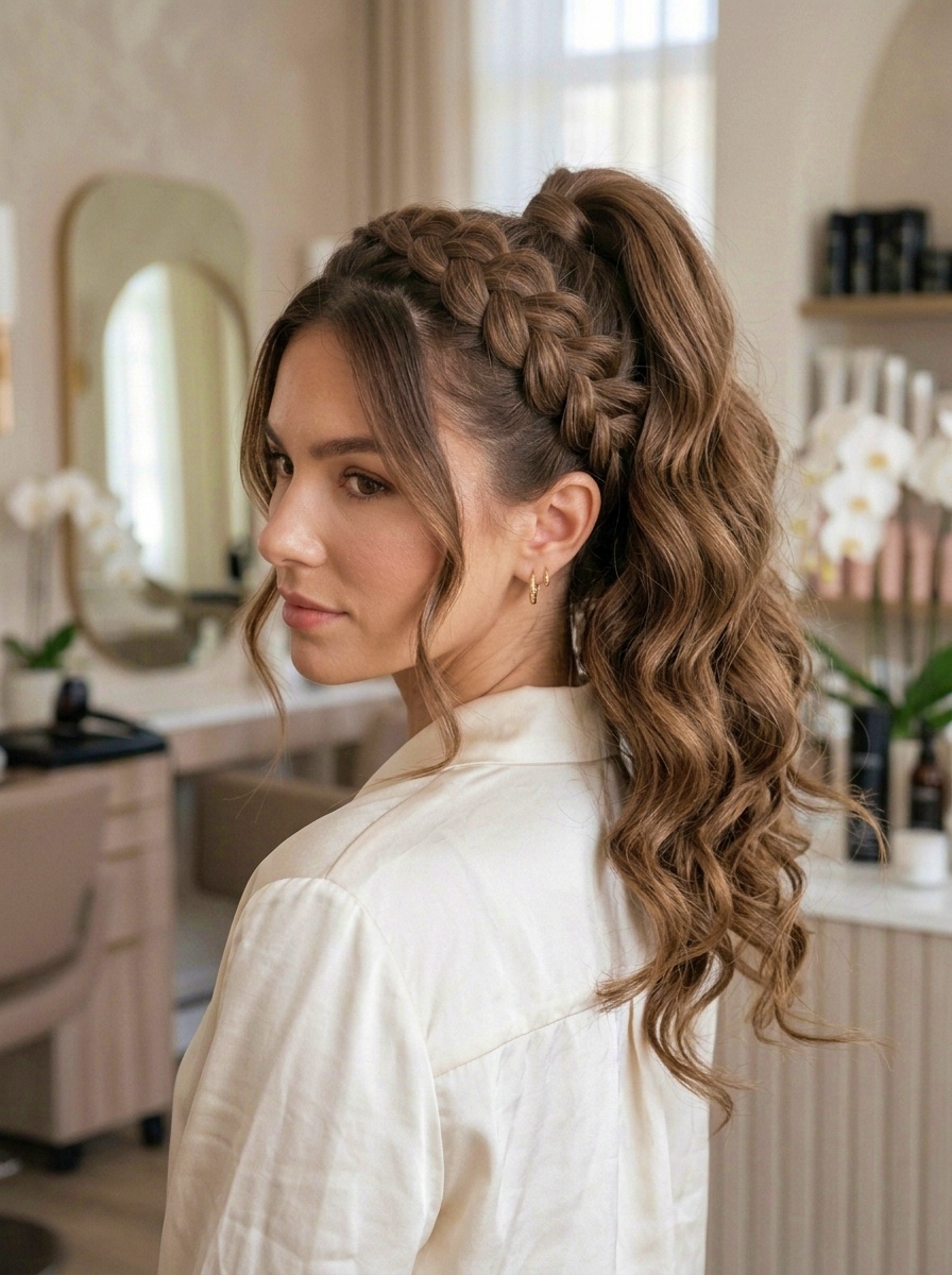 High Curly Ponytail with Double Dutch Braids
