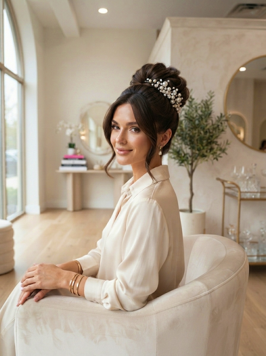 High Volume Bun for Long Straight Hair with Pearl Hair Pins
