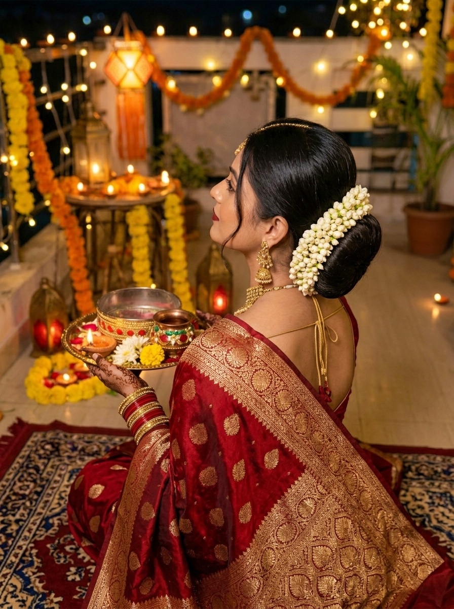 Karva Chauth Elegant Bridal Inspired Bun for Festive Evenings