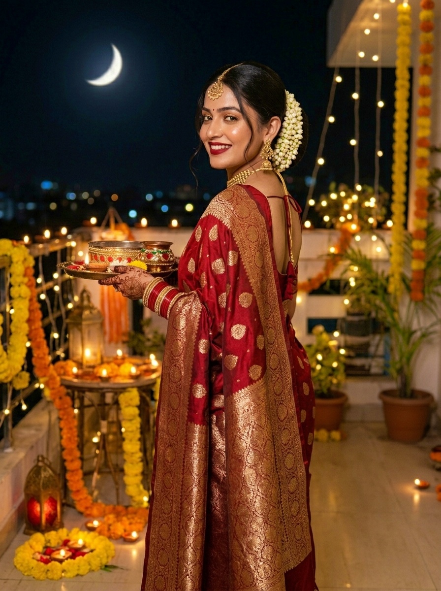 Karva Chauth Elegant Bridal Inspired Bun with Maang Tikka