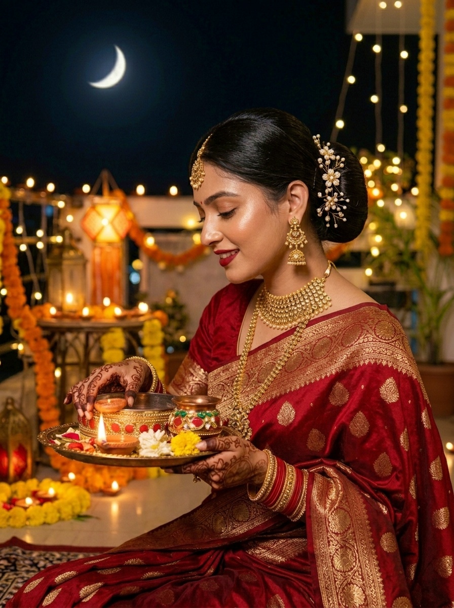 Karva Chauth Elegant Bridal Inspired Bun with Pearl Hair Accessories