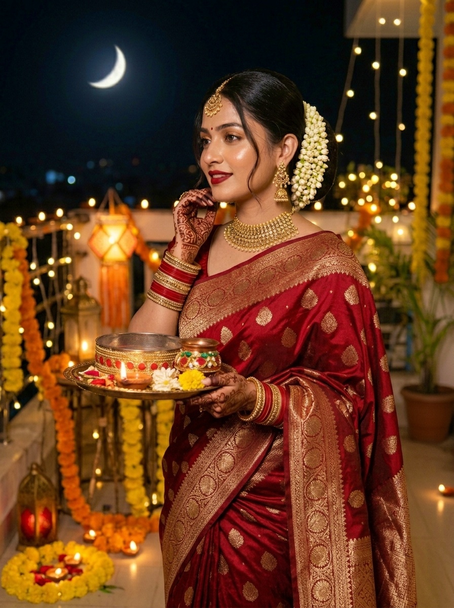 Karva Chauth Elegant Bridal Inspired Bun with Soft Curls