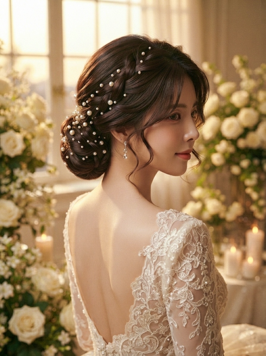 Korean Bridal Low Bun with Pearl Accessories