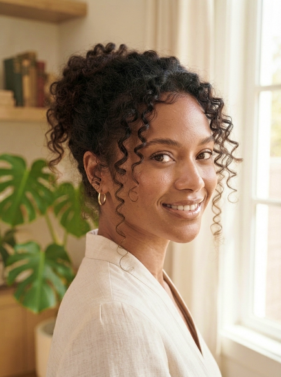 Messy Bun with Curly Face-Framing Pieces